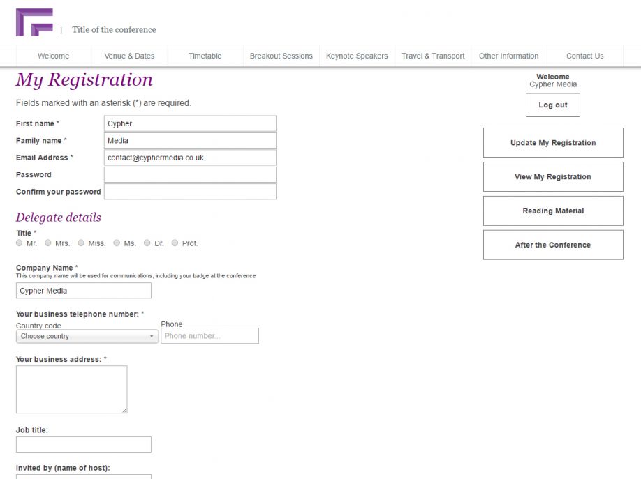 Meeting / Conference registration websites